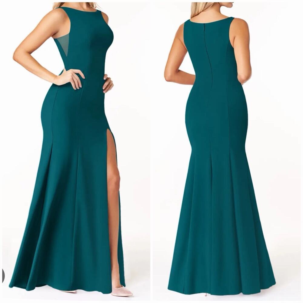 Azazie A2 Teal Mermaid Bridesmaid Dress Floor Length Slit Mesh Formal Gown